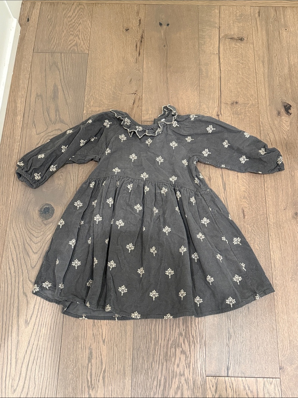 Rylee + Cru Gray Dress with Cream Floral Embroidery